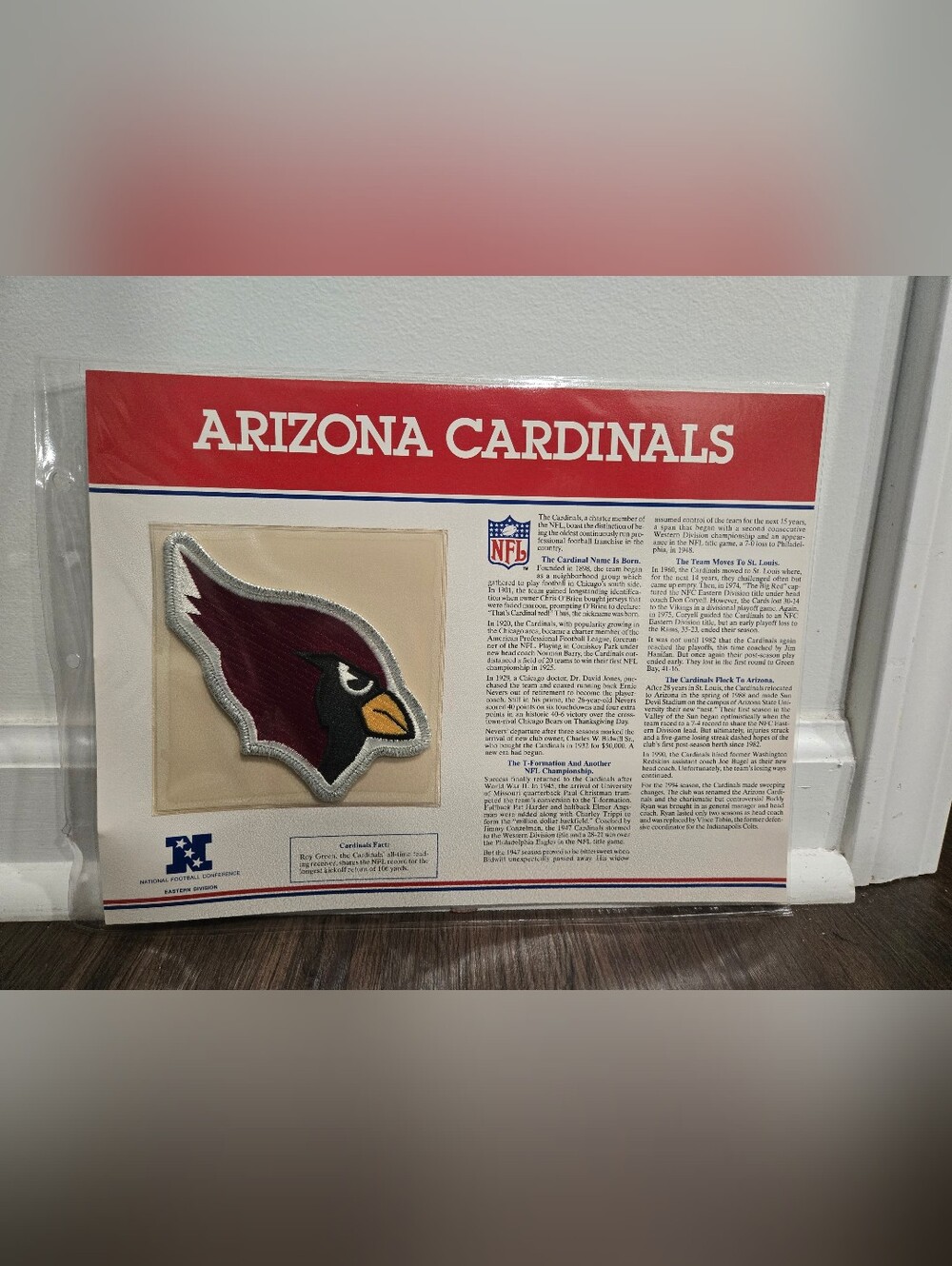 Vintage NFL 1995 Arizona Cardinals Iron On Patch With Info Card